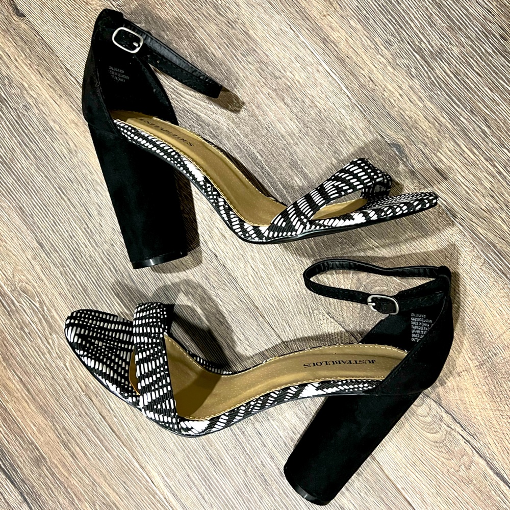 JustFab Black & White Ankle Strap Block Heels